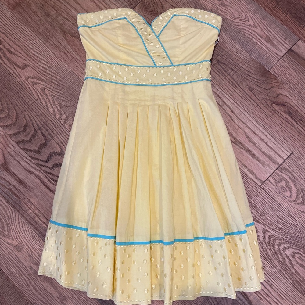 Minuet Petite Strapless Yellow Dress with Blue Accents